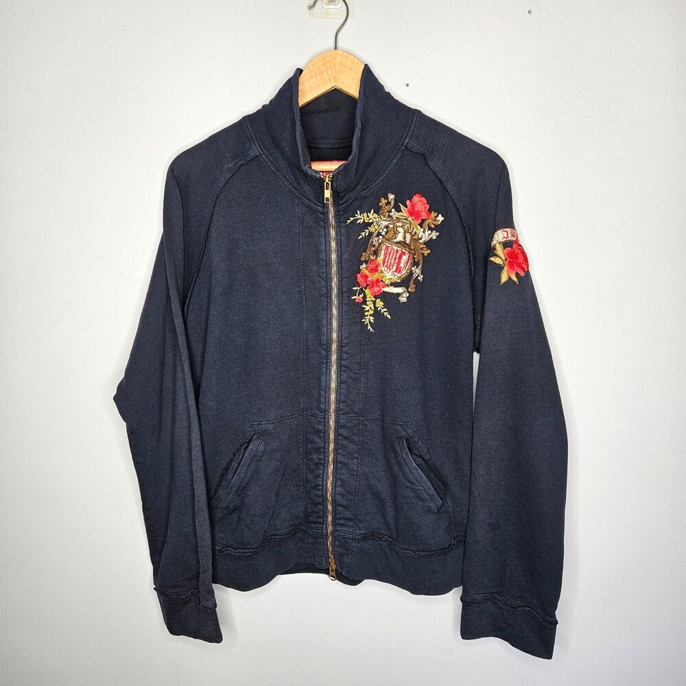 JOHNNY WAS JWLA Embroidered Jacket XL Lightweight Navy Blue Peace Full Zip